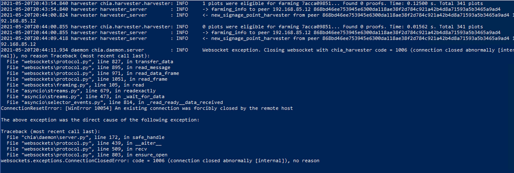 Stand Alone Harvester Crashes with websocket exception Chia