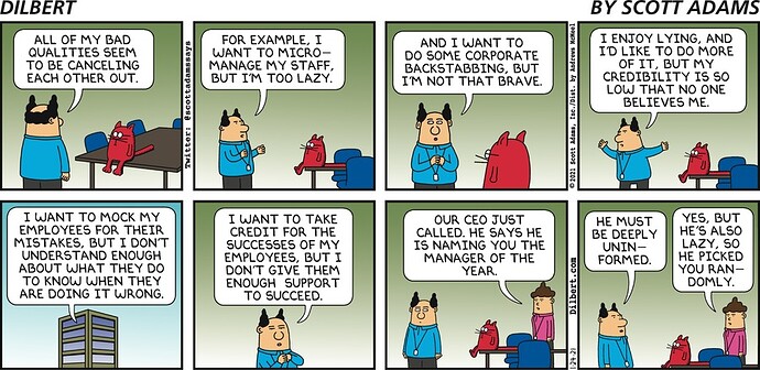 dilbert - bad qualities that cancel each other out